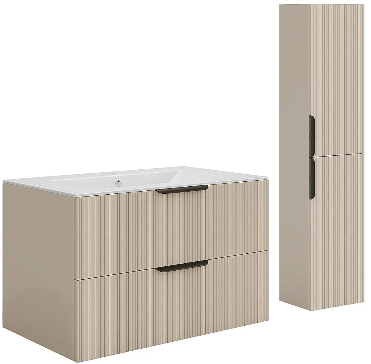 Vente-unique Zwevend badkamermeubel met reliëf en inbouwwastafel en kolomkast - Beige kleur - 80 cm - DALIKO