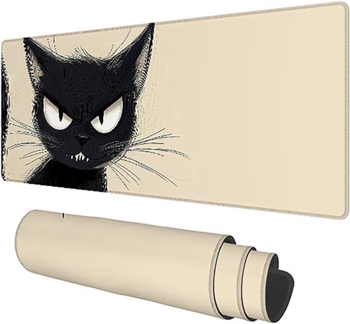 XXL Muismat - Bureaumat Toetsenbordmat - Gaming Thuiswerken - Gestikte Randen - 90x40cm - Beige Kat