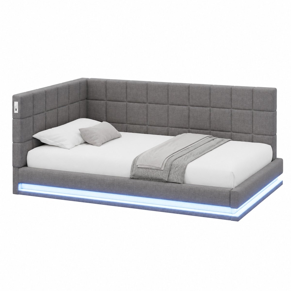 WUVRIE Slaapbank 90x200 cm met LED-verlichting, USB-aansluiting en lattenbodem, grijs