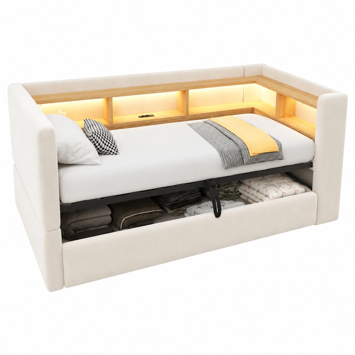 WUVRIE Slaapbank 90x190 cm met opbergruimte, LED-verlichting en stopcontacten, beige