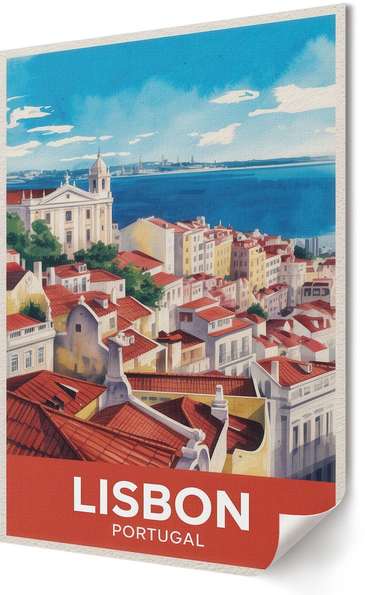 Coloray Polycanvas Poster - Lissabon, Portugal, Illustratie - 420 x 594 - Blauw Motief - Rechthoek - Kunstposter - Woonkamer, Slaapkamer, Kantoor - Retro