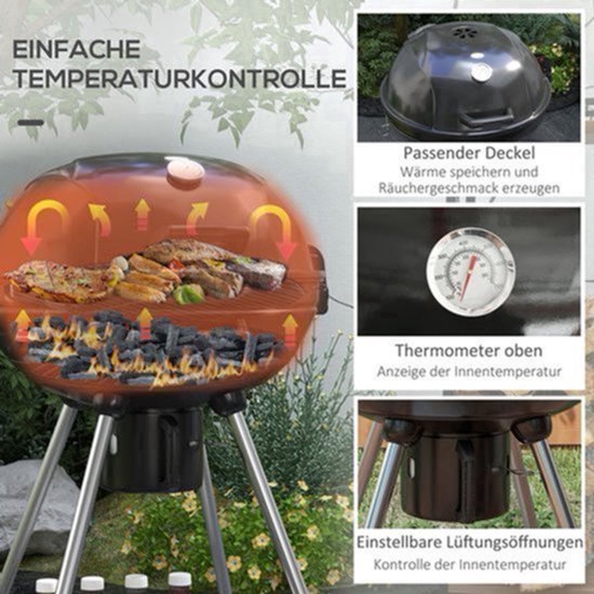 Bol Grill – Houtskoolbarbecue – BBQ Oven – Buitenkeuken – Ronde Barbecue – 54 cm Grilloppervlak – Ingebouwde Thermometer & Uitneembare Aslade – Zwart