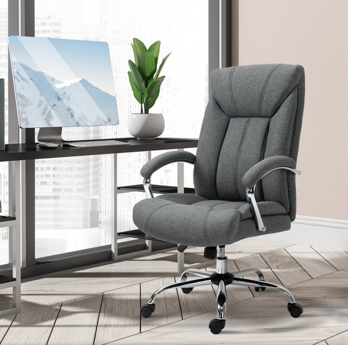 REDOM - Bureaustoel - Ergonomisch ontwerp - Hoge rugleuning met kopsteun - Wippfunctie en draaibaar - Moderne stijl - Polyester - Grijs - 65 x 78 x 110-118 cm