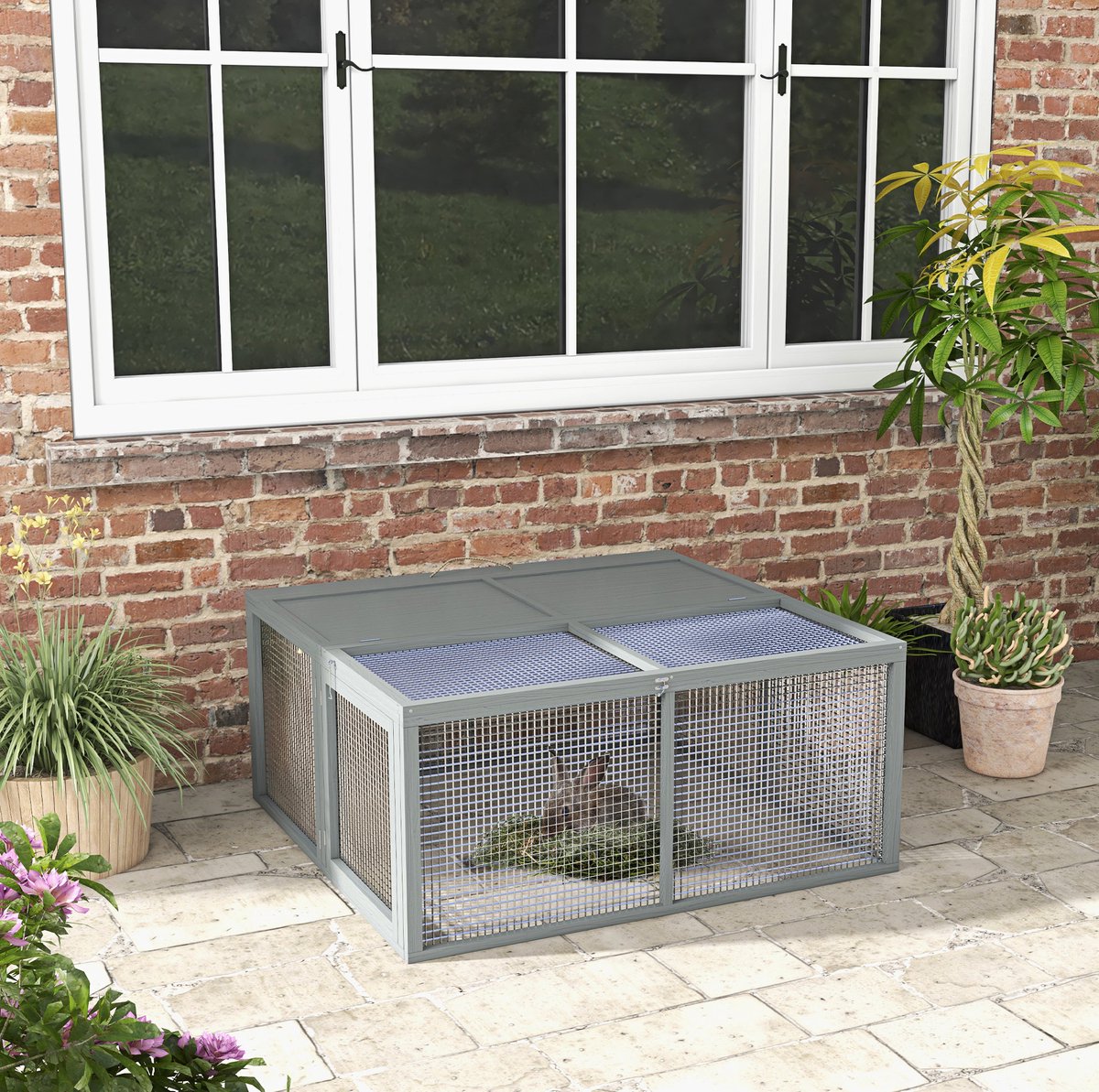 REDOM - Kleintierhok - Opvouwbaar ontwerp - Met boven- en zijdeur - Inclusief ren - Voor konijnen en cavia's - Hout en staal - Grijs - 110 x 105 x 50 cm