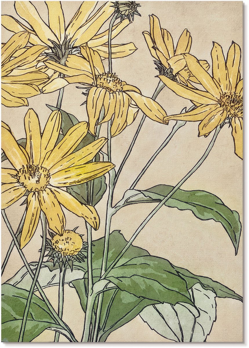 Tulup Polycanvas Wandposter - Zonnebloemen, Waterverf - A4 - Geel Illustratie - Rechthoek - Wandkunstwerk - Woonkamer, Slaapkamer, Kantoor - Romantisch