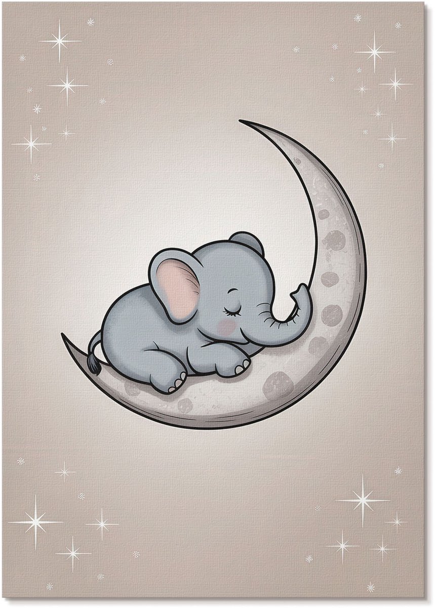 Tulup Polycanvas Wandposter - Olifant Op De Maan, Illustratie - A4 - Grijs Poster - Rechthoek - Canvasposter - Woonkamer, Slaapkamer, Kantoor - Kinder