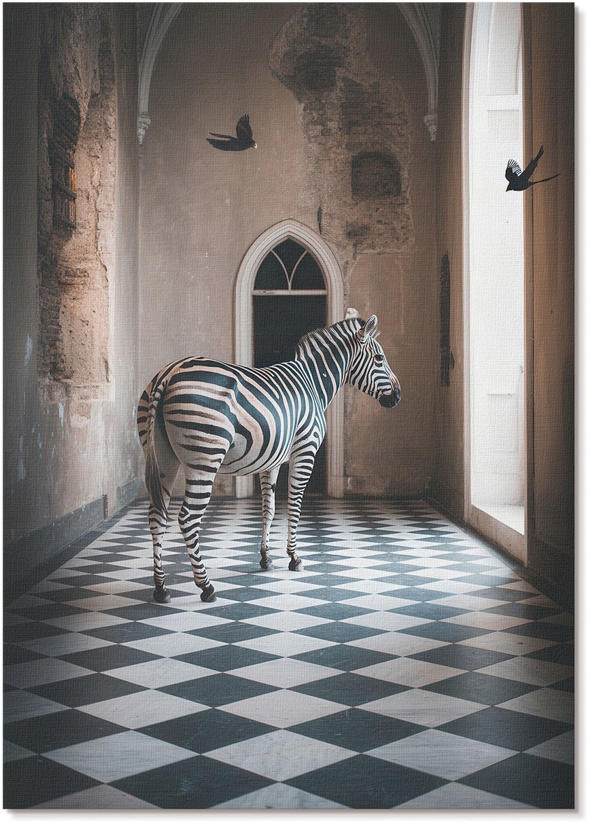 Tulup Canvas Poster Polycanvas - Zebra In De Architectuur, Fotografie - A4 - Zwart-wit Decoratie - Rechthoek - Kunstposter - Woonkamer, Slaapkamer, Kantoor - Modern