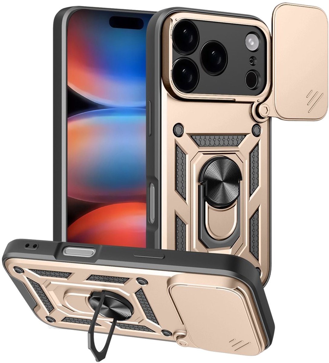 MobyDefend Hoesje - Geschikt voor iPhone 18 Pro - Pantsercase Met Draaibare Ring - Goud