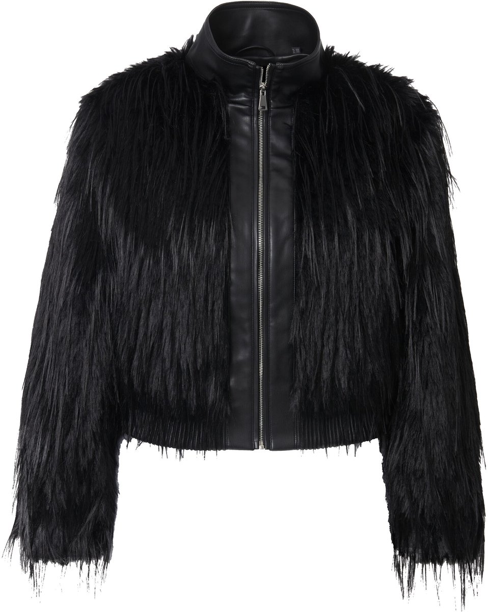 Ulla Popken - Dames - Jas van imitatiebont classic fit details van kunstleer - Zwart - Maat 54+
