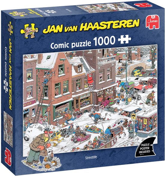 Doos van een Jan van Haasteren puzzel 'Streetlife' met 1000 stukjes, met op de voorkant een drukke, besneeuwde stadstaferiel.