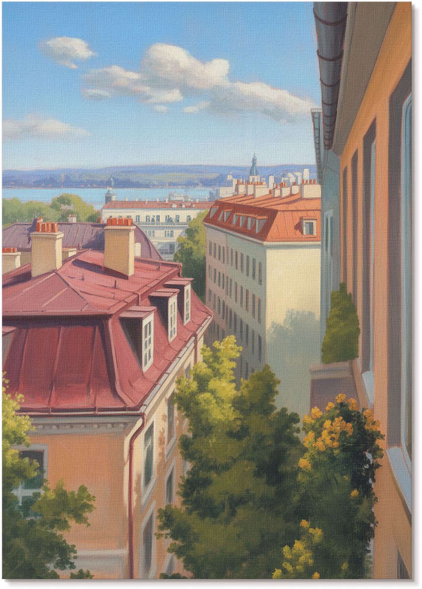 Tulup Polycanvas Poster - Stadszicht, Schilderen - A4 - Blauw Illustratie - Rechthoek - Kunstposter - Woonkamer, Slaapkamer, Kantoor - Klassiek