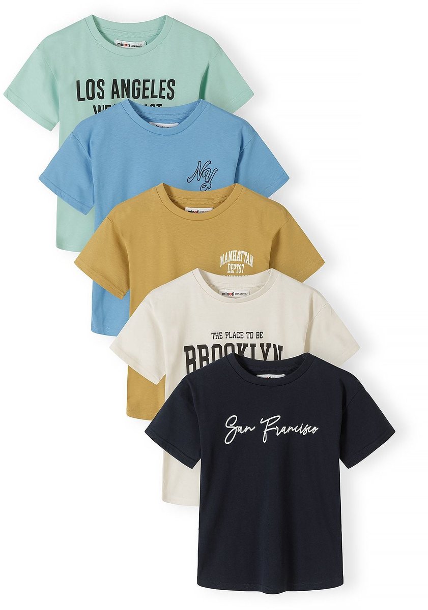 Minoti 5-Pack t-shirt jongens met stadsprint - 100% katoen - turquoise