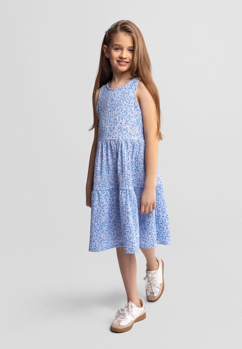 Minoti jurk meisjes bloemenprint mouwloos blauw - kniehoogte