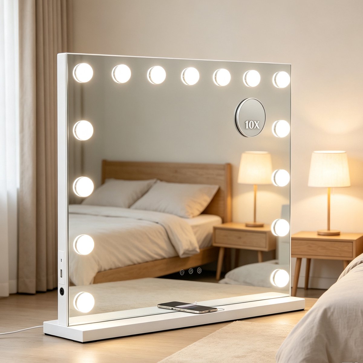 ANTENLICHT Make-up Spiegel met Verlichting - Hollywood Spiegel 58x48CM - USB & USB-C Oplaadporten - 15 LED Lampen - 10x vergroting - 3 Lichtstanden - Dimbaar - Smart Touch - Make Up Spiegel - Wit