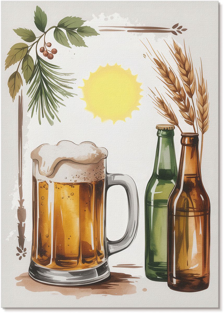 Tulup Polycanvas Wandposter - Bierthema, Illustratie - A4 - Geel Design - Rechthoek - Muurkunst - Woonkamer, Slaapkamer, Kantoor - Rustiek