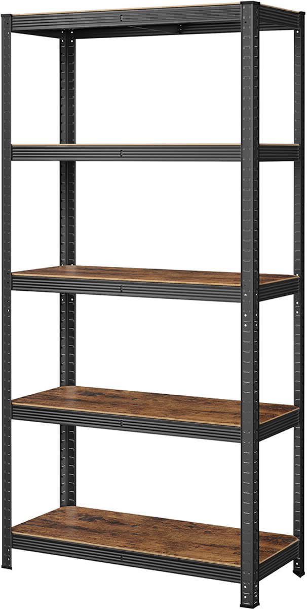 Opbergrek Stellingkast 40 x 90 x 180 cm bruin+zwart Max. draagvermogen per plank 175 kg met 5 verstelbare planken Kan worden opgesplitst in 2 afzonderlijke units Gereedschapsloze montage Geschikt voor garage magazijn en kelder