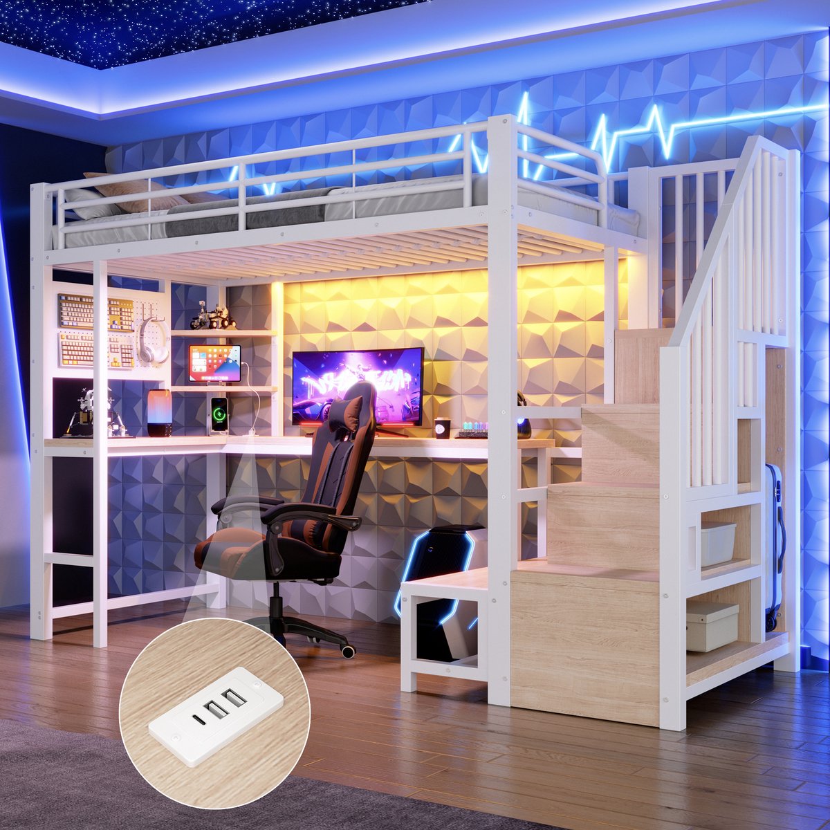 Clruro Hoogslaper 140x200 cm - Met Bureau, USB Type-C en LED Verlichting - Lochwand, Legplanken en Ladderkast - Metaal/MDF - Zwart