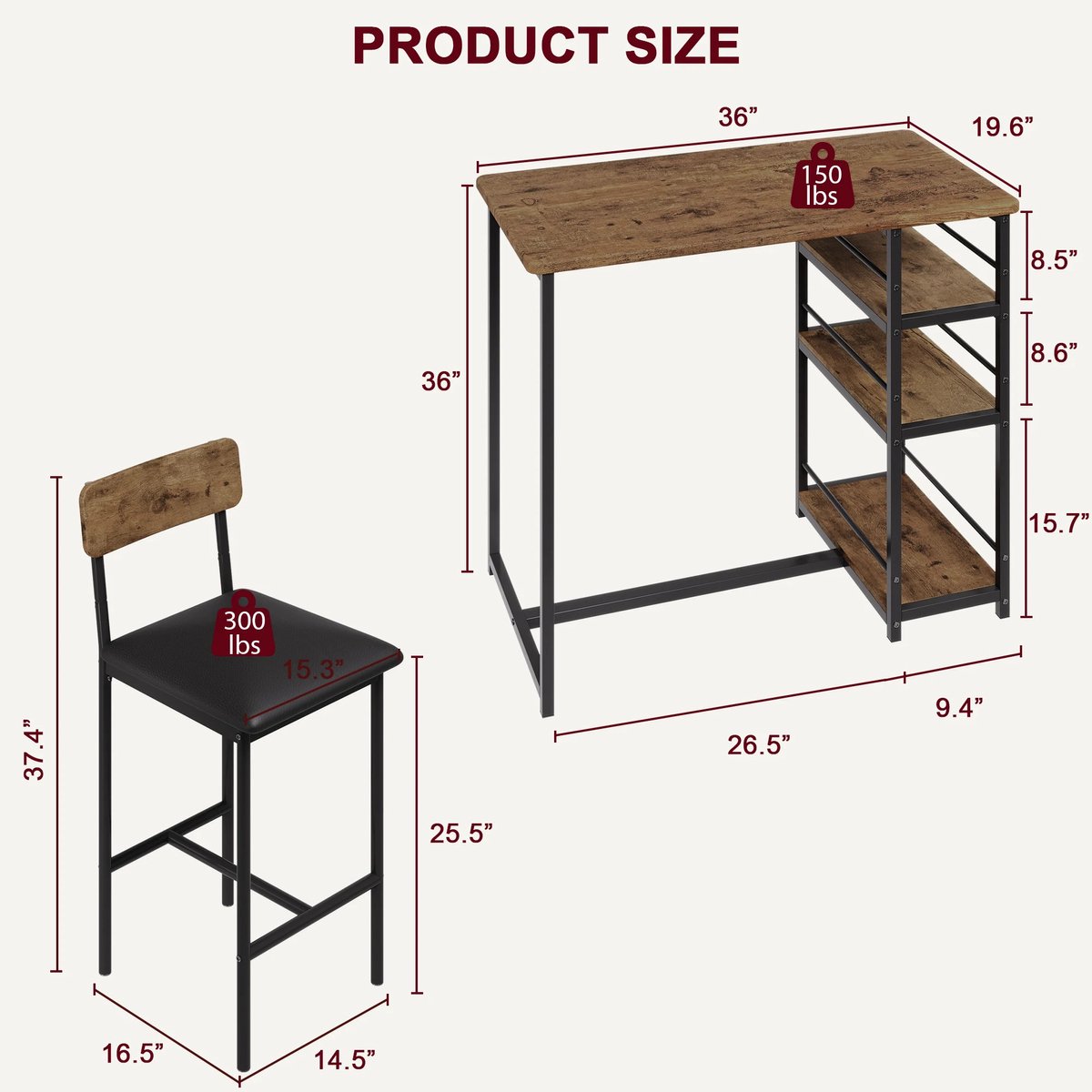 Gudalio Bartafel - 3 Delig - Tafel - Eettafel - Keukentafel - Opbergruimte - Incl. 2 Barkrukken - Modern - Houtpatroon - Zwart