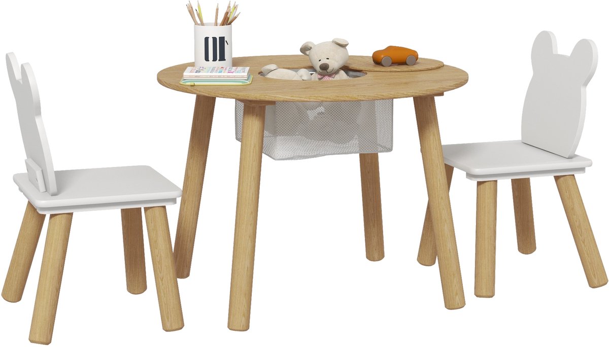 De kindertafel wordt geleverd met 2 stoelen in de vorm van een beer, voorzien van opbergzakjes met gaas, en een kinderstoelset met opbergruimte, geschikt voor kinderen van 3 tot 10 jaar
