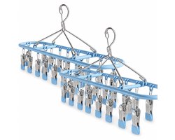 Bobypet - Droogrek - Sokken drogerrek - 2 Stucks - Winddicht & Roestvrij - Wasrek met Knijpers - 360° Draaibaar Droogrek RVS - Voor Sokken & Ondergoed - Blauw