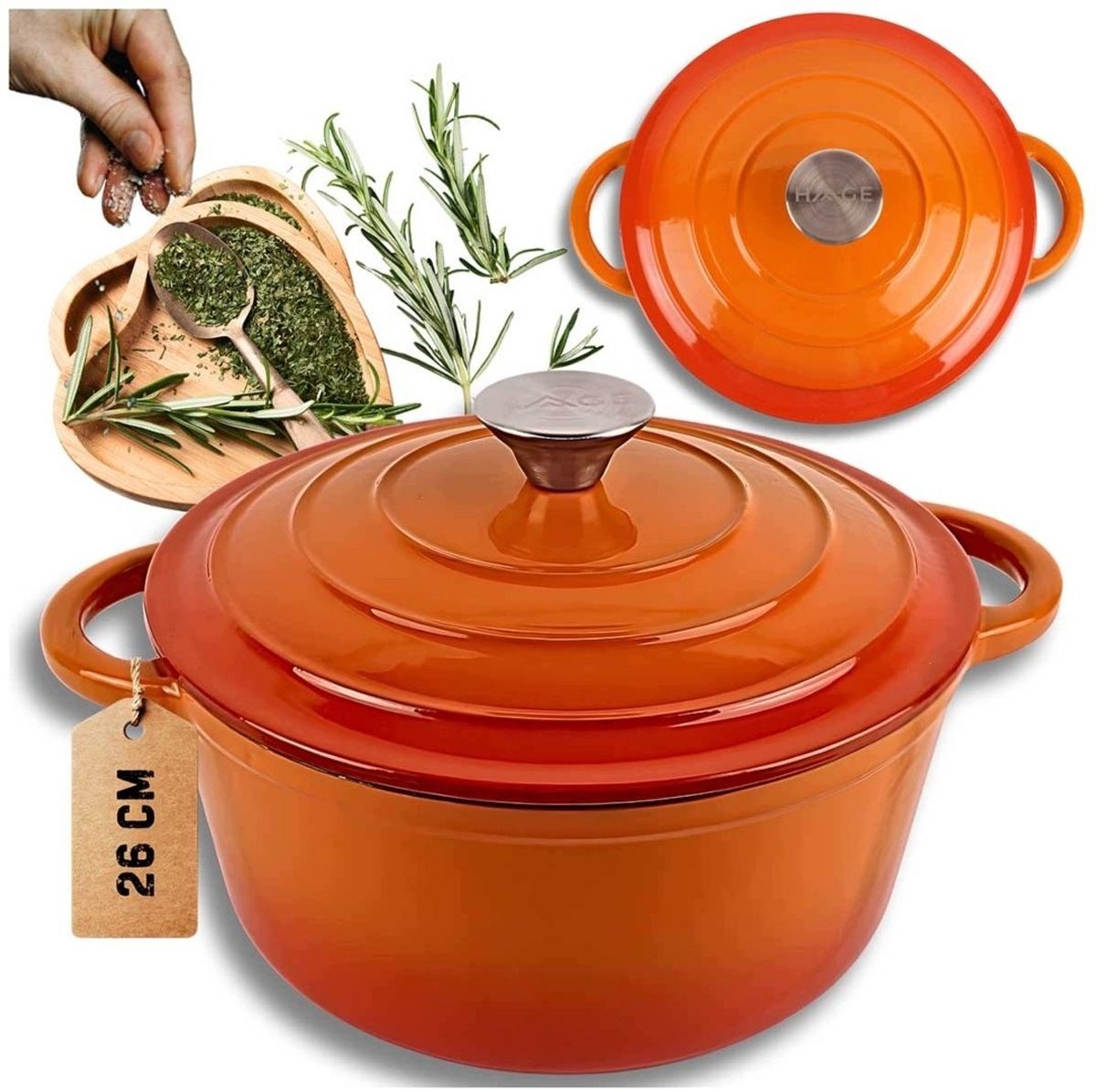 Hage - Kookpan - Gietijzeren Pot met Deksel - Geëmailleerd - Inductie & Oven Geschikt - Inclusief Mini Ovenhandschoenen & Onderzetter - Voor Braden, Stoven, Soep & Brood - 5 Liters - Ø26 cm - Oranje