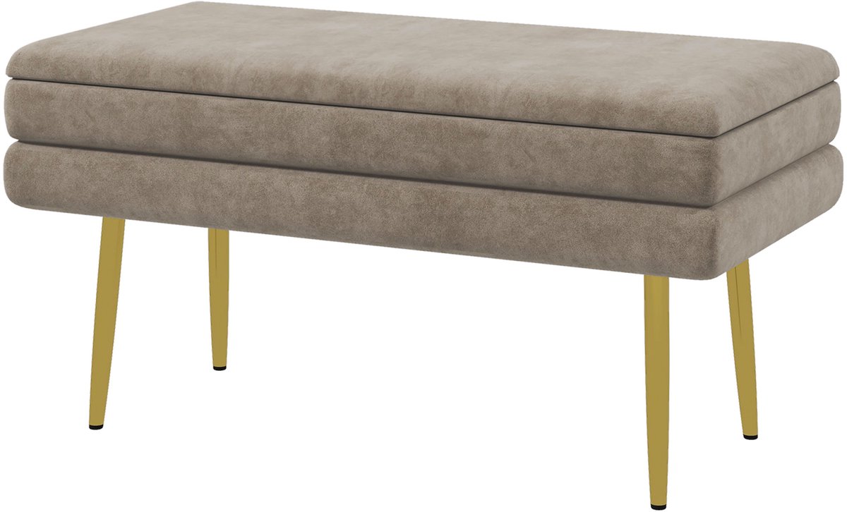 Bedbankje, 2-in-1 opbergbankje, vier lange stalen poten, met een zitting met fluweelachtige textuur, beige en goudkleurig
