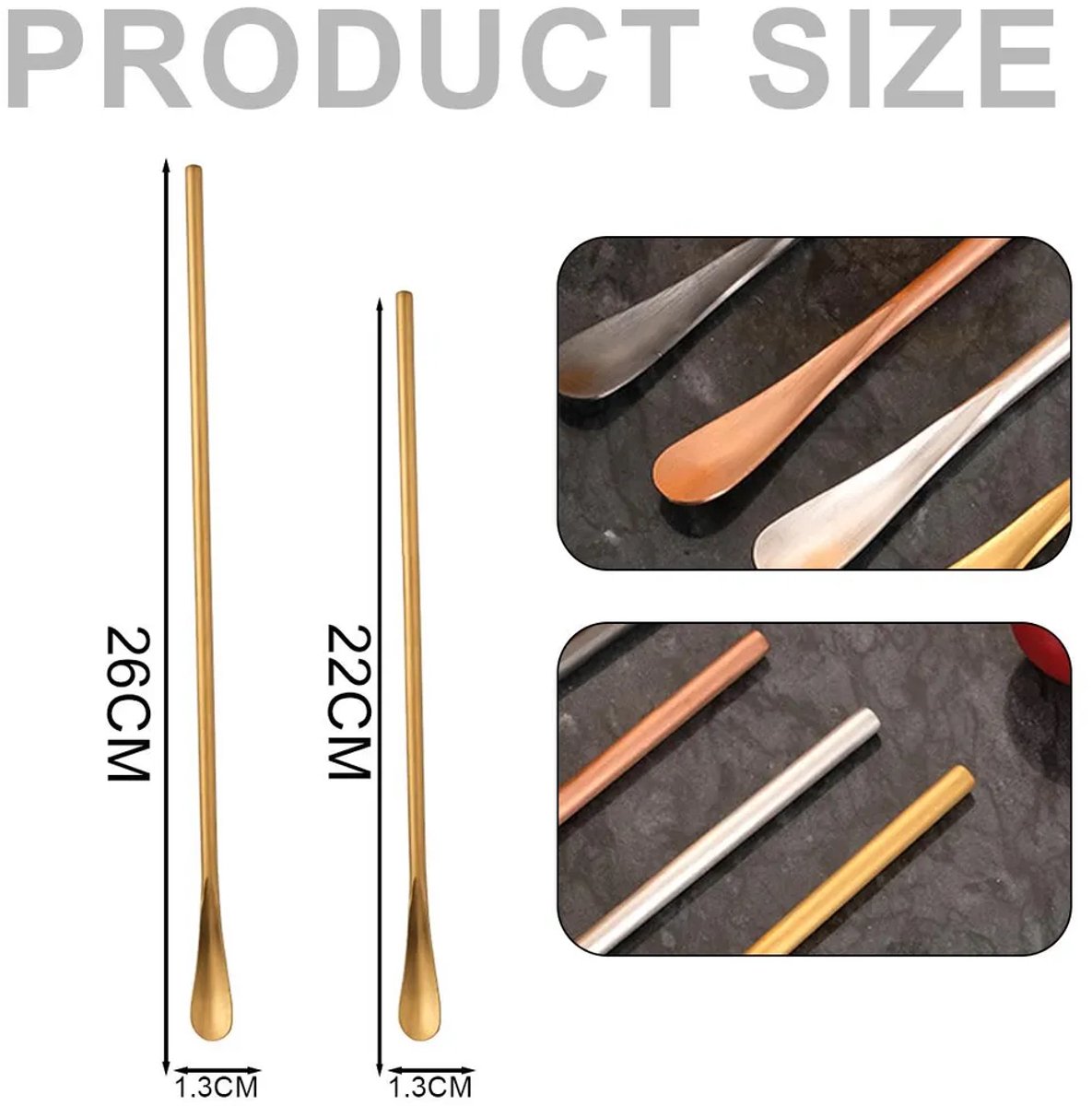 Koffielepel, koffieroerstaafje Geschikt voor lange steel (roestvrij staal), 4 cocktaillepels, theelepel Geschikt voor lange steel, goudkleurig, 22 cm + 26 cm