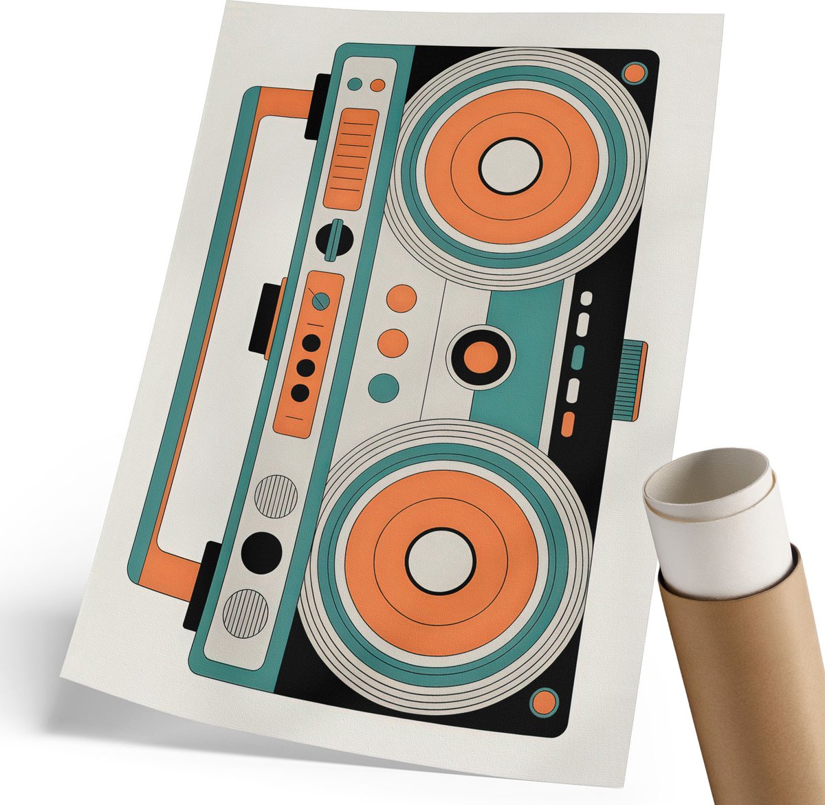 Coloray Polycanvas Wandposter - Retro Boombox, Illustratie - 210 x 297 mm - Oranje Patroon - Rechthoek - Wandkunstwerk - Woonkamer, Slaapkamer, Kantoor - Retro