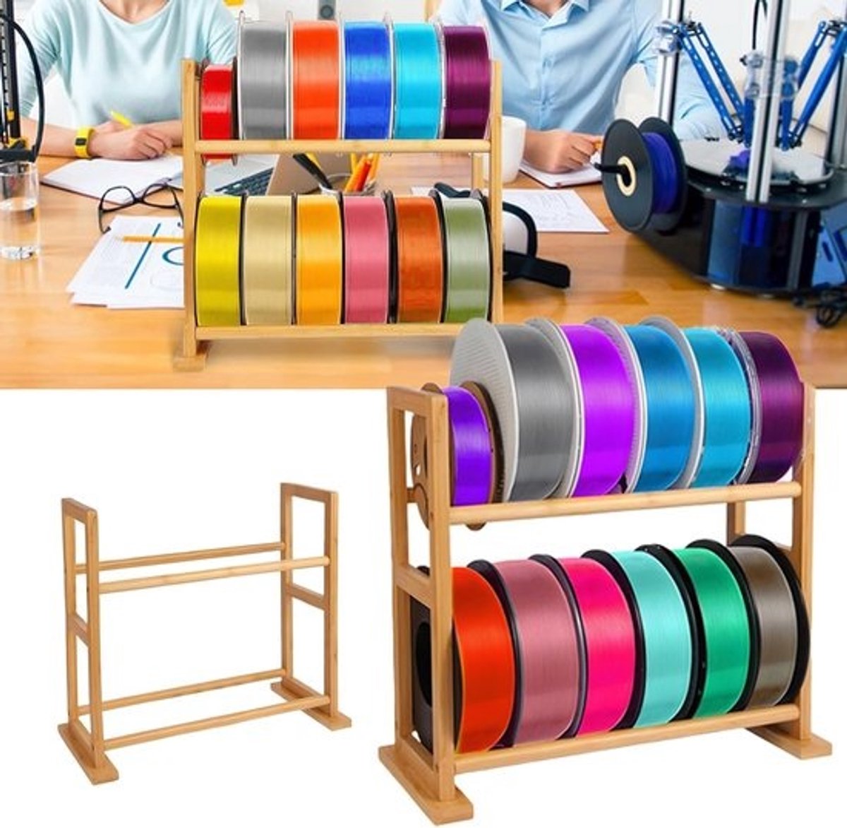 Filamenthouder 3D-printer - Spoelhouder Opslagrek - 3D Printen Organiseren - Dubbellaags Houten Ontwerp - 42 x 20 x 41 cm
