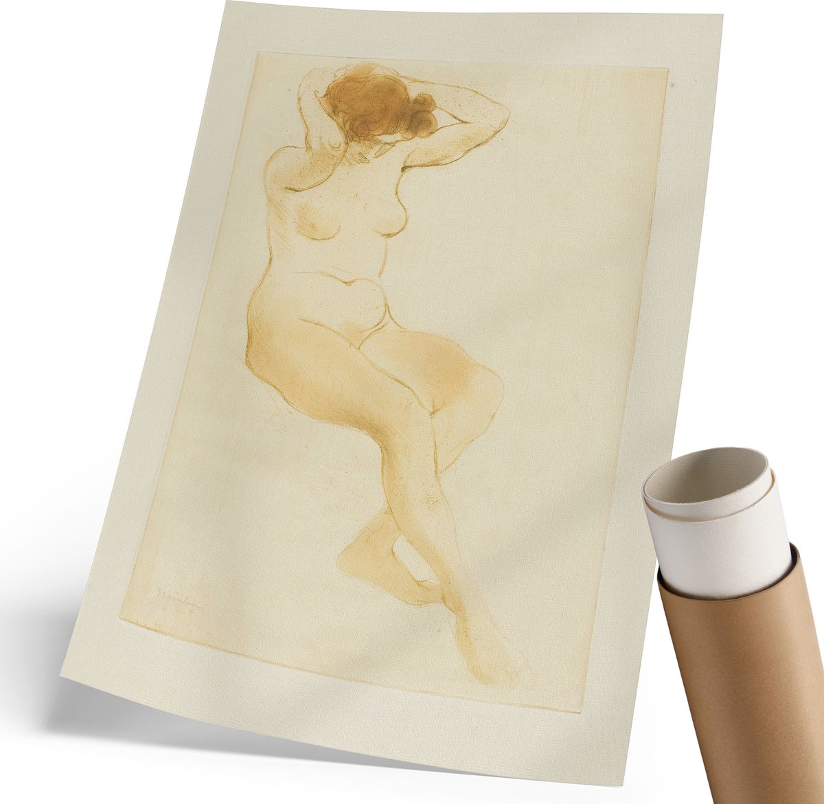 Coloray Canvas Poster Polycanvas - Een Vrouw Die Haar Haar In Orde Maakt., Waterverf - 210 x 297 mm - Beige Poster - Rechthoek - Wandkunst - Woonkamer, Slaapkamer, Kantoor - Expressief