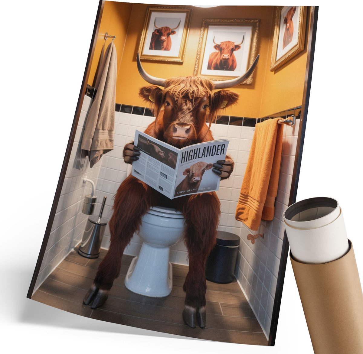 Coloray Polycanvas Poster - Buffel Op Het Toilet, Illustratie - 210 x 297 mm - Oranje Design - Rechthoek - Decoratieve poster - Woonkamer, Slaapkamer, Kantoor - Humoristisch