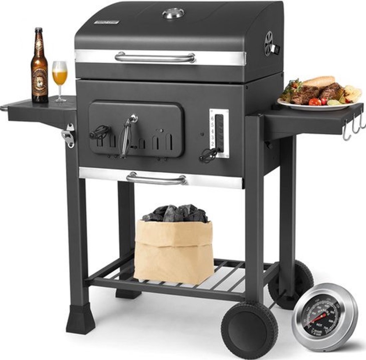 Houtskoolbarbecue - Zwart - Groot Kookoppervlak - Met Thermometer - Voor Tuin En Kamperen