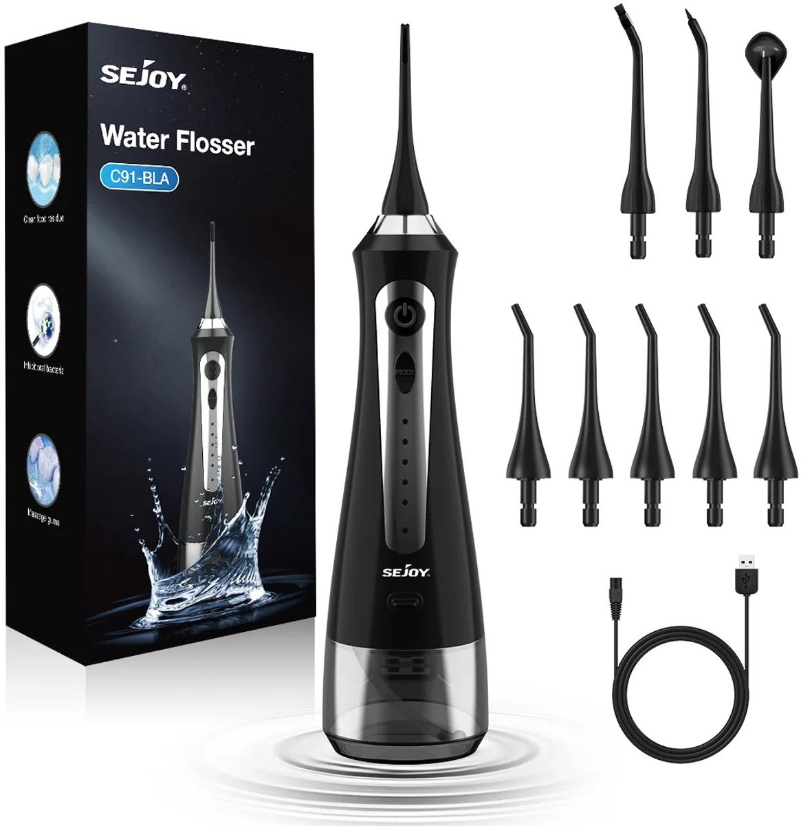 ITRONIQ Waterflosser Draadloos – Monddouche met 5 Reinigingsstanden – 270 ml Watertank – Tandreiniger – USB Oplaadbaar – Zwart