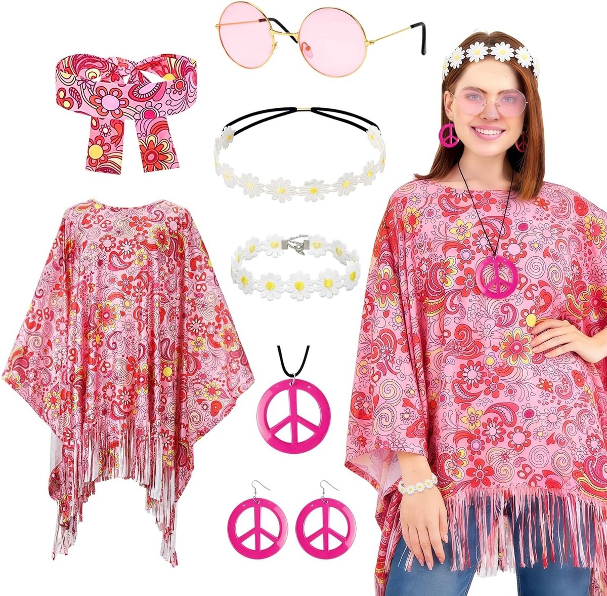 60s 70s Hippie Kostuum voor Vrouwen - Carnaval Outfit met Poncho voor Disco en Feestjes