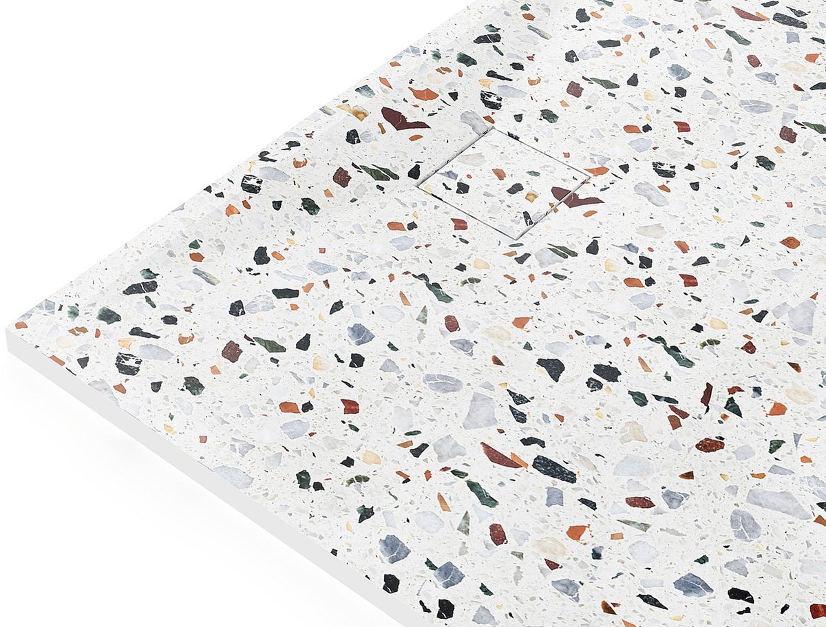 Vente-unique Extra platte douchebak om op te zetten of in te bouwen, op maat te snijden, - hars met sifon - Wit terrazzo-effect - 120 x 90 cm - MIRNOSA van SMC