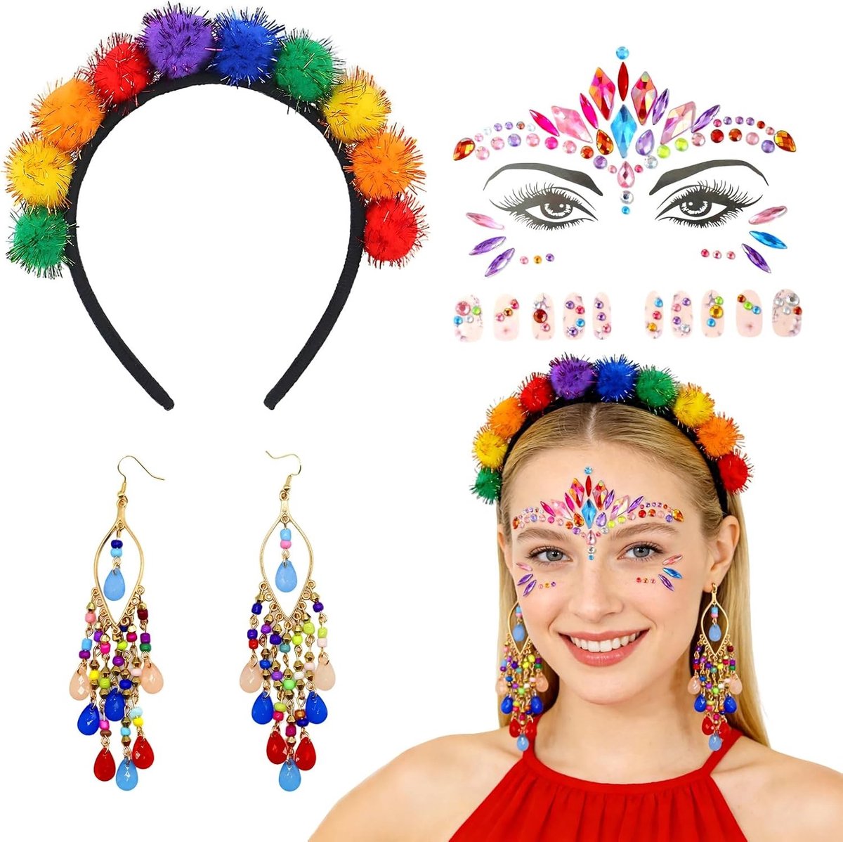 Kleurrijke kostuumaccessoires met pompon hoofdband, oorbellen, gezichtstickers en nagelstickers voor Halloween, carnaval, cosplay en feestjes