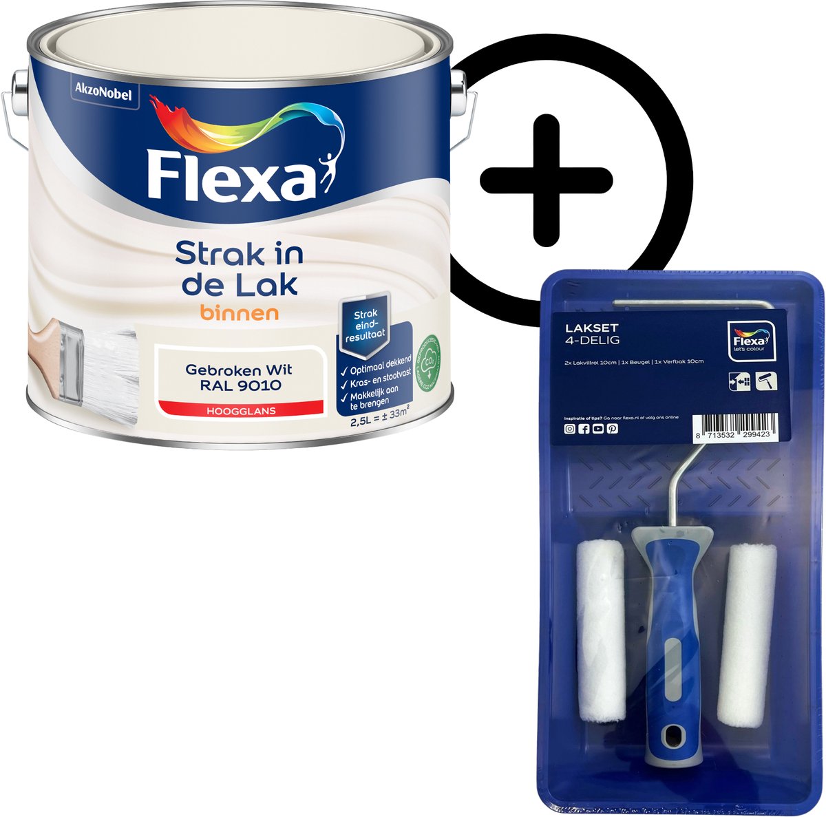 Product Bundel: Flexa - Strak In De Lak Binnenlak - Hoogglans - Gebroken Wit / Ral 9010 - 2,5 L + Flexa Lakset