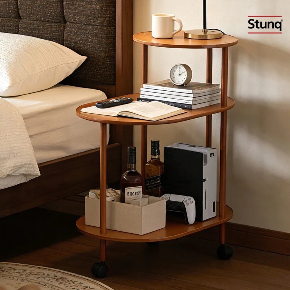 Stunq® Massief houten bijzettafeltje op wielen, 3-laags trolley, warmbruin