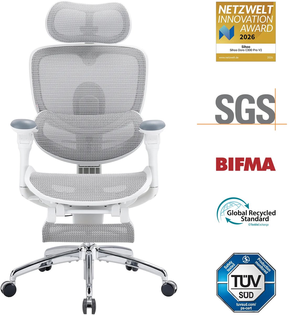 Sihoo Doro C300 Pro V2 JT - Ergonomische Bureaustoel met Full-Body Support Systeem, Zelfaanpassende Lendensteun 2.0, 3D Superwide Hoofdsteun, 8D Bionische Armleuningen, Verstelbare Zitdiepte (43-47 cm) en 135° Kantelmechanisme-Geschikt tot 150kg Wit