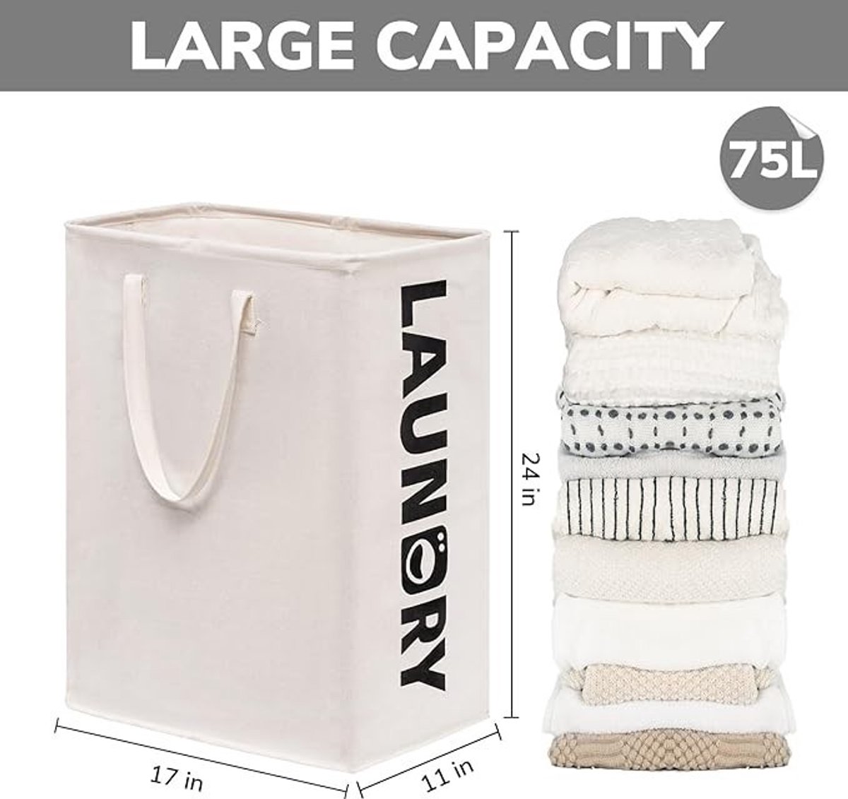 PolkaHome Opvouwbare Wasmand met Hengsels - 75L - Wit — cadeau in Cadeau-ideeën - foto 6