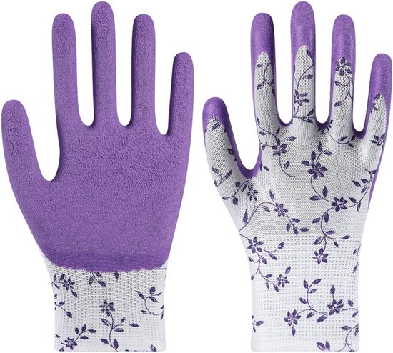 Paarse tuinhandschoenen met witte, bloemige manchet.