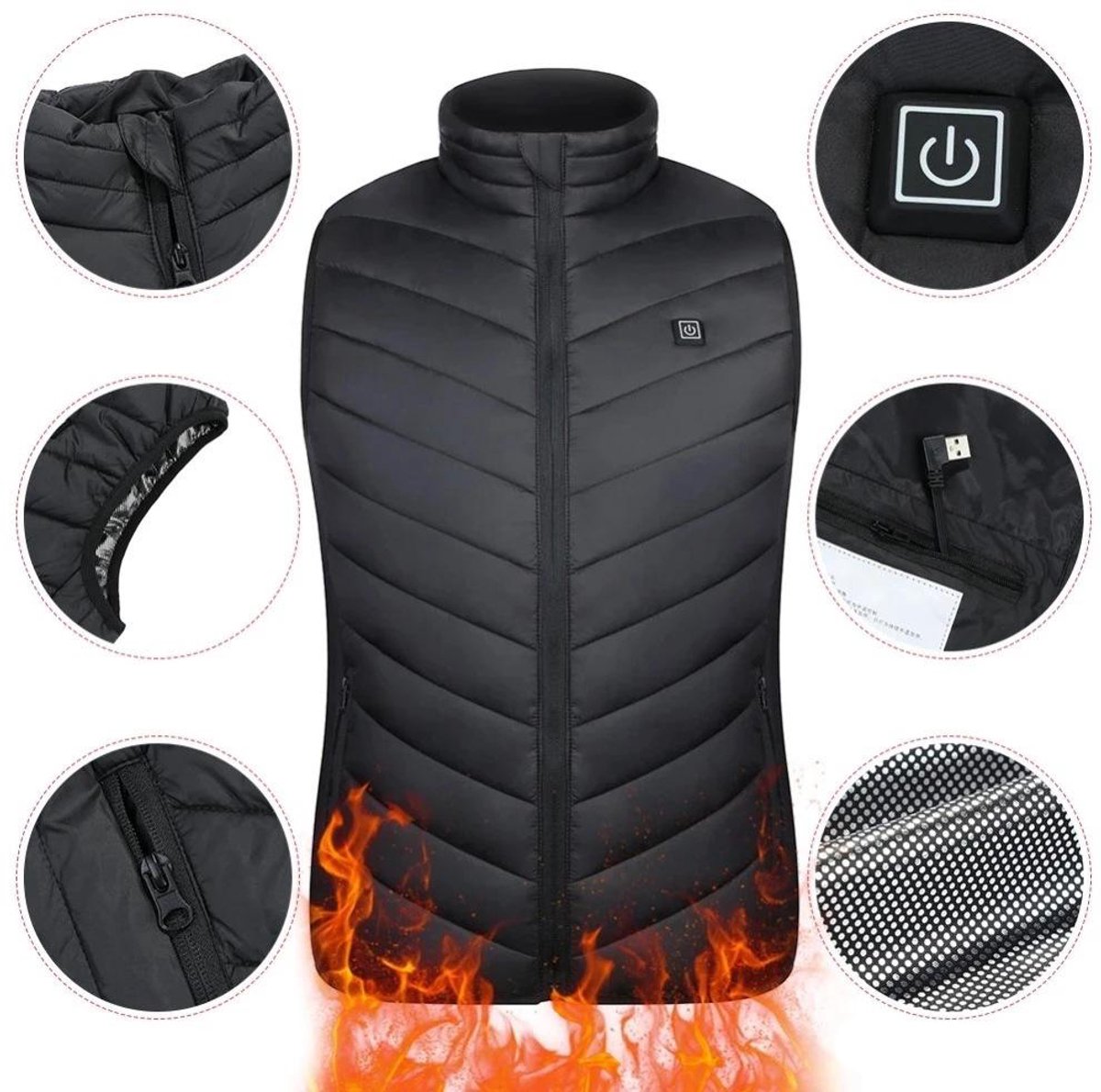 Verwarmd vest – Elektrisch verwarmd vest – Instelbare temperatuur – Verwarmde jas – Thermostatisch verwarmd vest – Verwarmd wintervest – Unisex – Veilig en slim – – Geschikt voor kamperen motorrijden vissen en skiën Zwart