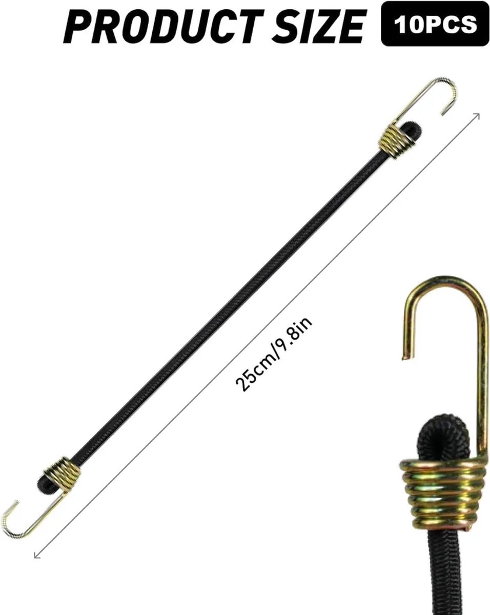 10 mini rubberen touwen (25 cm elk), gemaakt van sterk en duurzaam polypropyleen, Geschikt voor waterdichte zeilen, tenten, tuinen en bagage.