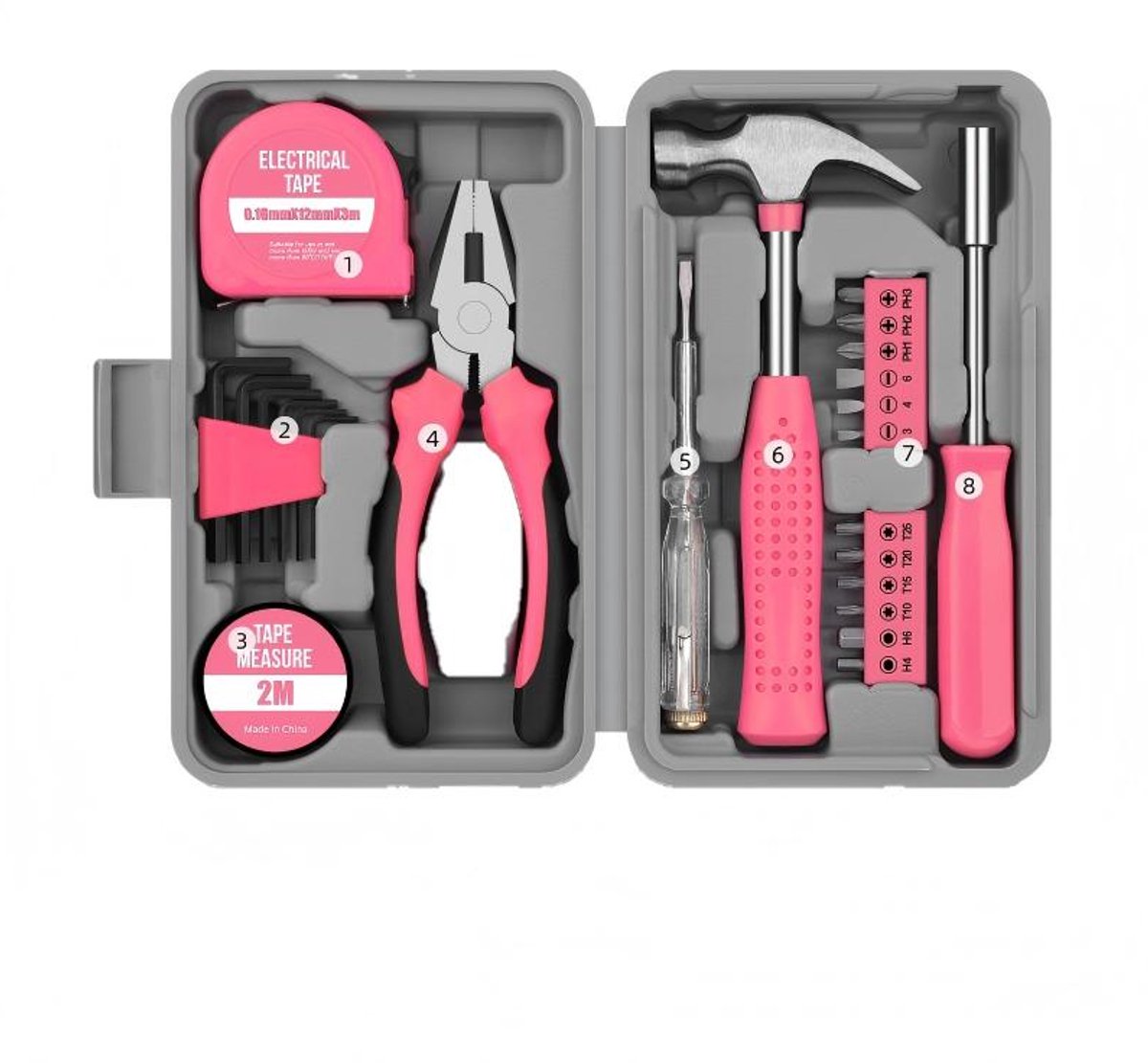 24-delige set – Inclusief diverse gereedschappen en boortjes – Gereedschapsset voor thuis – Geschikt voor huis, garage en doe-het-zelfklussen – Roze