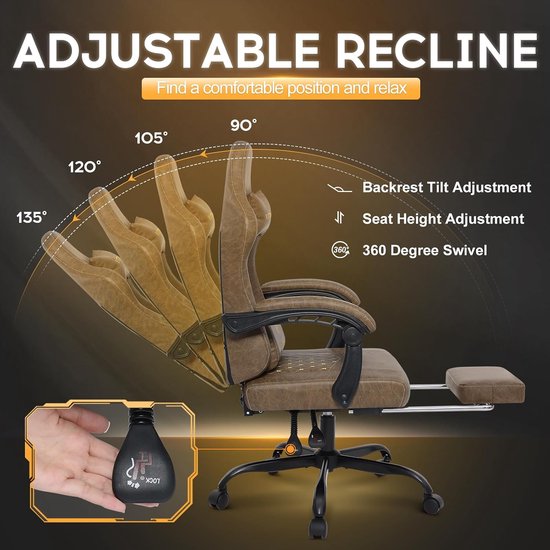 Gamingstoel Ergonomisch - Bureaustoel Gamer - Comfortabel Zitten - Verstelbare Voetensteun - Max 150 kg - Bruin — afbeelding 3