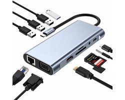 RAYOFI USB C Hub - 11 in 1 Hub - Docking Station Laptop - 1x HDMI - 1x Ethernet - 100W PD Charging - 4x USB-A - SD/TF Kaartlezer - VGA-video-interface - 1xAUX - Type-C ingangskabel - USB Splitter - Geschikt voor Macbook Pro / Air / Windows