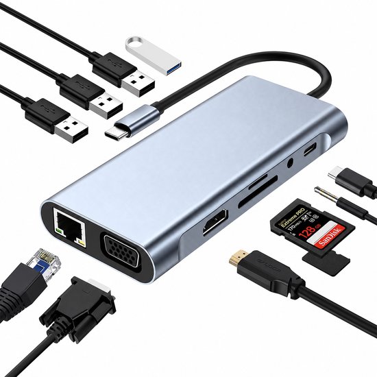 Zilverkleurige USB-C hub met diverse poorten: USB-A, USB-C, HDMI, VGA, Ethernet, SD/TF-kaarten.