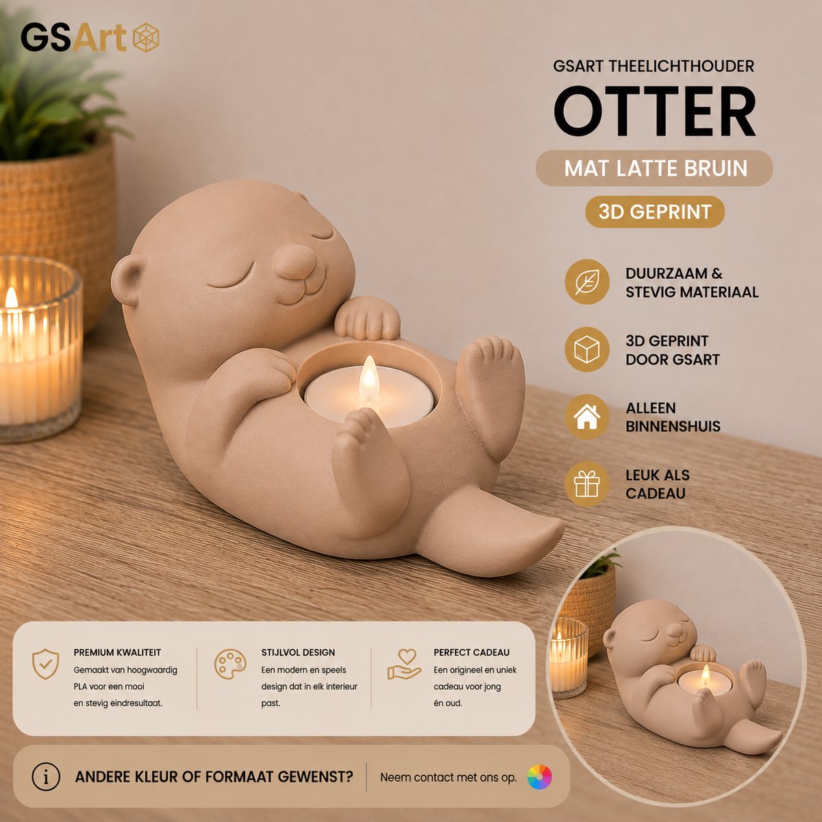 GSArt Theelichthouder Otter – Decoratieve Otter met LED Theelichtje – 3D Geprint - Mat Lattebruin