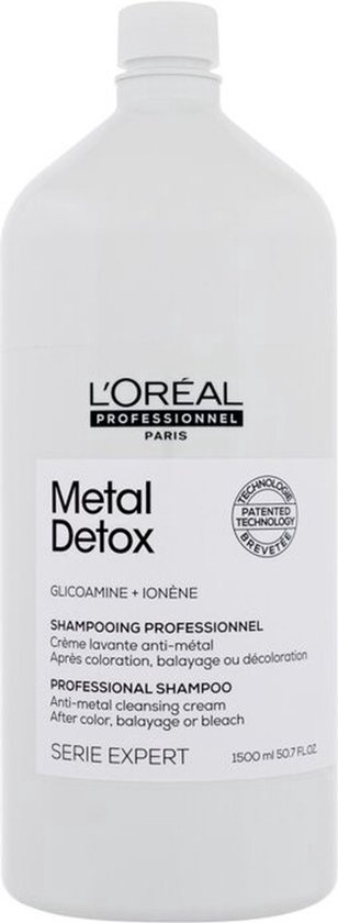 Witte L'Oréal Professionnel Metal Detox shampoo fles met zwarte dop. Metal Detox, Glycoamine + Ionene, Serie Expert.