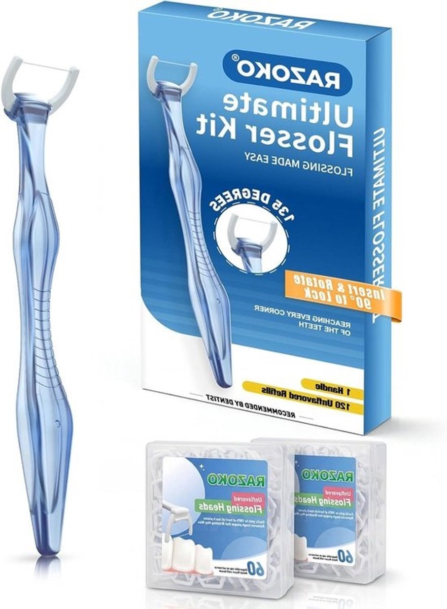 Flosser Kit - Monddouche Flosser - Mondhygiëne Verbeteren - 135 Graden Schuin Ontwerp - 120 Navulkoppen - Blauw